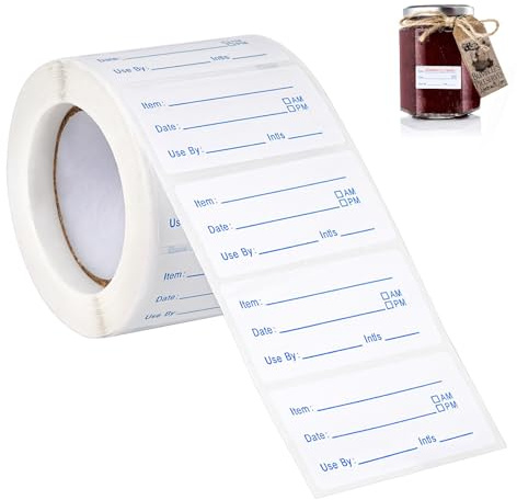 Aniyoo 500Pcs Food Labels Stickers on a Roll for Home Kitchen 5x2.5cm, Blue | Freezer Paper Food Storage Labels, Waterproof Date Sticker Rolls for Containers, Jars, Pantry and Freezer
