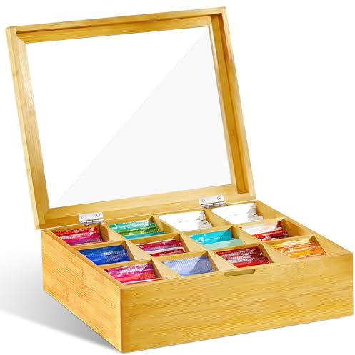 ZQEJEFD Scatola da Tè in Legno Con 12 Scomparti, Contenitore Con Finestrella, 28 x 22,5 x 9 cm, Scomparti Regolabili Flessibili per Conservare Bustine
