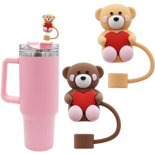 Mezrkuwr 2 tapas de paja con forma de oso en forma de corazón para vasos Stanley, cubierta de paja, reutilizable, regalos divertidos para parejas de amantes
