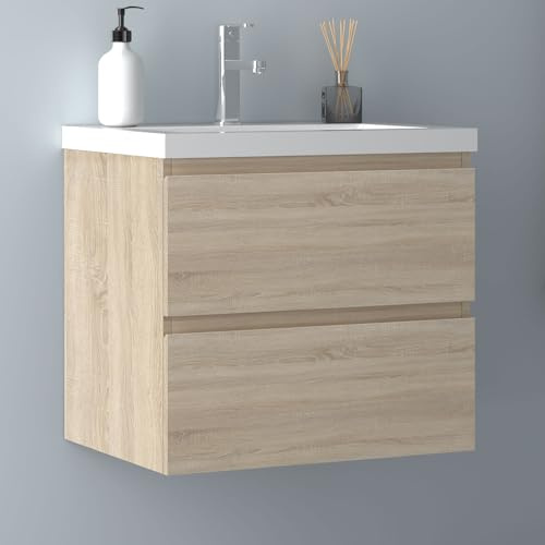 Biubiubath Badezimmermöbel 60cm Dickes Keramik Waschtisch mit Unterschrank Badmöbel Set Badezimmerschränke mit 2 Soft-Close Schubladen Eiche Matt