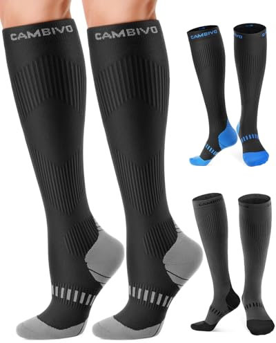 CAMBIVO Kompressionsstrümpfe Herren Damen 2 Paar, Stützstrümpfe Klasse 2 20-30 mmHg, Gepolsterte Kompressionssocken, Thrombosestrümpfe, Compression Socks für Flug, Schwellung, Sport, Reise, Alltag