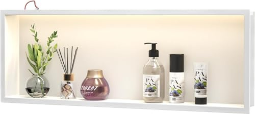 Bernkot Nicho de ducha de acero inoxidable 900mm X 300mm con luz guiada impermeable Sin necesidad de azulejos Nicho de pared para almacenamiento de baño con instalación sobre montaje Blanco