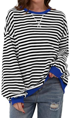 DUOEASE Felpa Donna Oversize Maglietta Elegante Righe Manica Lunga Top Y2K | Morbida, traspirante, con Girocollo e polsini a contrasto, vestibilità comoda, per tutti i giorni, Autunno, Inverno
