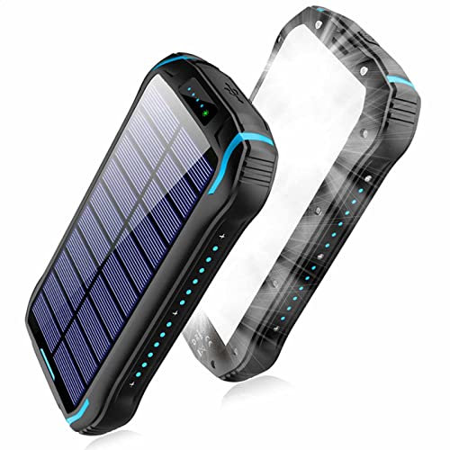 Chargeur Solaire 26800mAh Power Bank Camping Charge de Secours Externe étanche avec 3 Sorties et Deux entrées LED Lumière LED Lampe de Poche Batterie de Secours