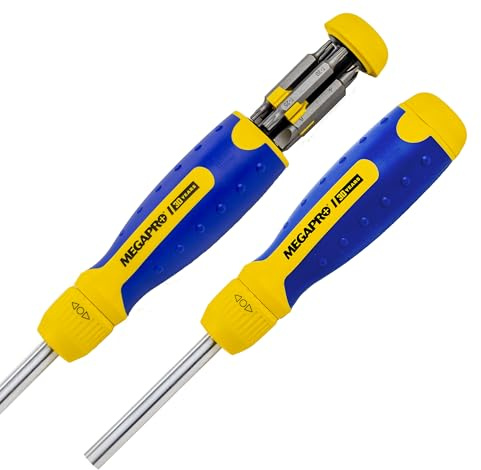 RATCHETING Screwdriver - 13-in-1 Multi Bit Screw Driver w/Hex Shaft for Phillips, Star, Flat, Square Bit - Retractable Cartridge - Multi Screwdriver (Yellow)