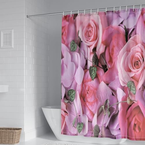 Duschvorhang Polyester 165 x 200 Blumen, Badevorhang Textil Stoff mit Motiv Anti Schimmel für Badewanne und Dusche Shower Curtain Rosa Wasserdicht mit Duschvorhangringe