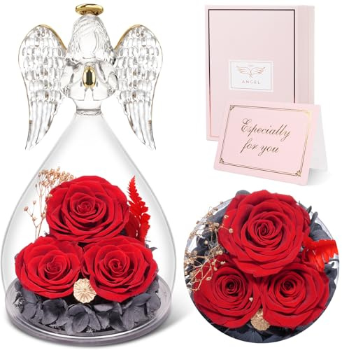 Sunia Ewige Rose Engel Geschenke für Mama,3 Ewige Rose im Glas Engel,Infinity Rose Geschenke für Frauen,Geburtstagsgeschenk für Frauen Mutter Oma, Geschenk Valentinstag Muttertag