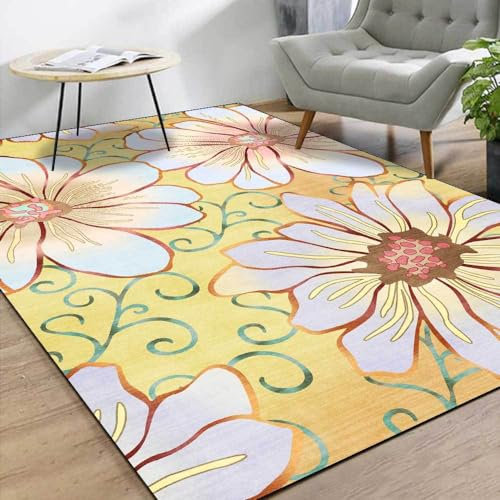SJHDHDA Neuer waschbarer Wohnzimmerteppich, rutschfeste Akzentteppiche, Schlafzimmer-Esszimmer-Flurteppich, weicher Kurzflorteppich, Retro-Blumen, Gelb, Grau, 120 x 170 cm Learned extensively