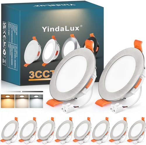 YindaLux 10x LED Einbaustrahler 230V Dimmbar 5W IP44 Nickel Loch 65-75 mm | 550lm, IP44, ultraflach, 3 Lichtfarben 3000K/4000K/6000K wählbar, Flimmerfrei, für Bad, Küche und Wohnzimmer