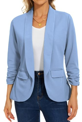 MINTLIMIT Women's 3/4 Ruched Sleeve Blazer Open Front Jacket Suit Plain Work Office Tops Coat Outerwear Flap Pockets