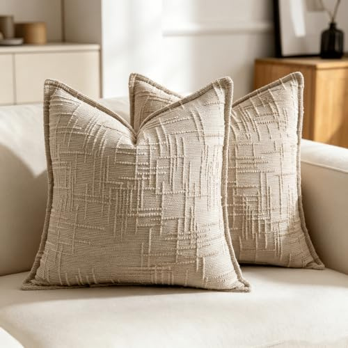 OYIMUA Textur Chenille Kissenbezug 45x45 Beige 2er Set Dekokissen | Landhaus Boho Sofakissen,Quadratische Modern Kopfkissenbezug für Bett Sofa,Wohnzimmer Schlafzimmer Deko Kissen bezug