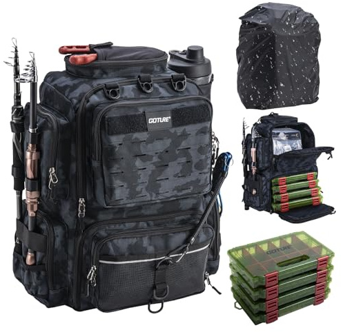 Goture Zaino da pesca, zaino per accessori da pesca con due supporti per canna e parapioggia, borsa per attrezzi da pesca impermeabile con scomparto regolabile e 8 tasche per esche, zaino da 45 litri