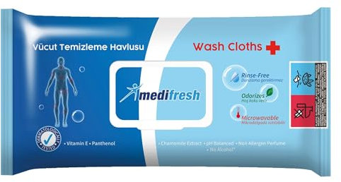 Medifresh Feuchttücher für Erwachsene, ohne Ausspülen, erhitzbar in der Mikrowelle mit Kamillenextrakt und Vitamin E, große Tücher (60 Stück (1 Packung)