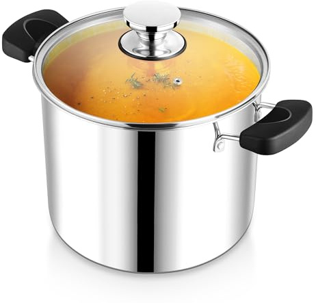 12 Quart 3-Ply Cooking Stock Pot with Lid, P&P CHEF Stainless Steel Large Pot for Pasta Soup, Work on Multi Stove, Heavy Duty & Dishwasher Safe, Dual Heat-resistant Handles & Transparent Glass Lid