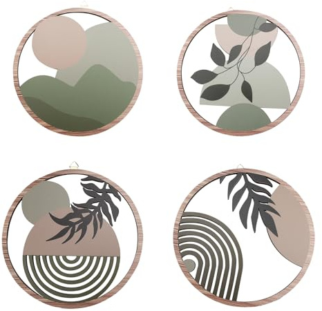 YunBey Set of 4 Boho Style Parete Decorations, Round Wooden Botanical Decor, Botanical Wall Decor with High Resolution Print for Living Room, Bedroom, Dining Room, etc