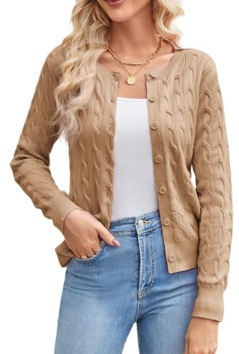 GRACE KARIN Kabelstickade koftor för kvinnor 2024 långärmad beskuren cardigan Button Down virkning lätta koftor sjalar, Kaffe, L