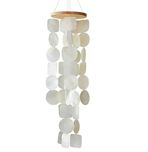 Muschel Windspiel aus echten Capiz Muscheln, Boho Deko Hängend für Balkon Garten Terrasse, 45 cm Windspiel mit Holz, Entspannender Klang, Sommer Strand Deko, Blau Grün Weiß