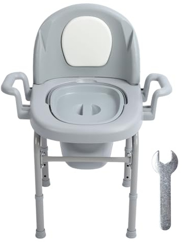 Pilipane Tragbarer Nachttisch-Toilettenstuhl, höhenverstellbarer mobiler Toilettensitz mit gepolsterter Rückenlehne, solider Eimer für ältere schwangere Erwachsene