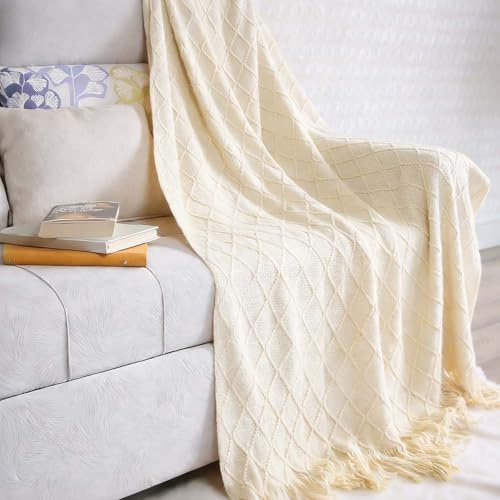 Weich Strick Quaste Kuscheldecke, Wohndecke Sofadecke Schlafdecke Decke, Couch Sofa Stuhl Bett Überwurfdecke, Weich, Warm und Leicht für Reisen im Frühling und Sommer, 130x180cm (Beige)