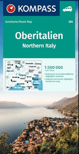 KOMPASS Autokarte Oberitalien, Italia settentrionale, Northern Italy, Italie du Nord 1:500.000: mit Panorama auf der Rückseite