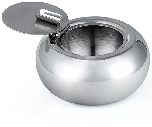 Cendrier de cigarette en acier inoxydable avec le couvercle, MAXIN coupe-vent cigarette cendrier fumeurs cendres de bureau plateau de cendres pour décoration de bureau à domicile-argent.