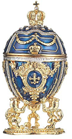 Fabergé-Stil Ei/Schmuckkästchen mit Löwen & Kaiserkrone 7,5 cm blau