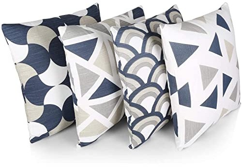 Penguin Home 4Er - Pack Dekorative Quadratische Kissen Aus Baumwolle, Luxuriöse, Stilvolle Für Wohnzimmer,Sofa,Schlafzimmer, Mit Unsichtbarem Reißverschluss, 45X45 cm (18 Inches), Marine/Weiß/Grau