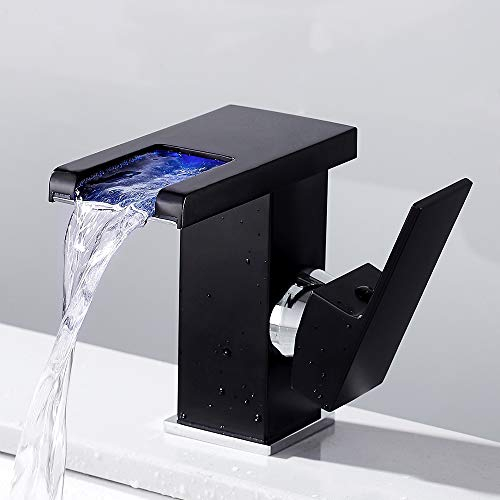 Robinet de lavabo de salle de bain avec lumière LED cascade,Mélangeur de salle de bain Mitigeur laiton et verre, robinet d'eau froide et d'eau chaude (noir)