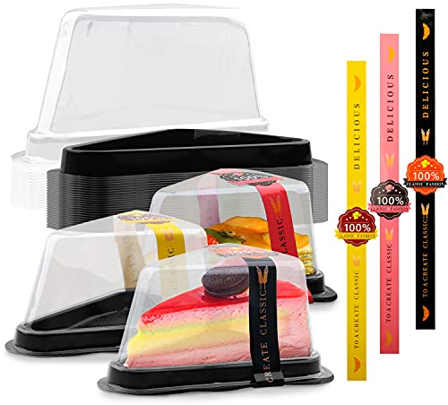 50 Pack Cake Slice Containers, Clear Plastic Cheesecake Containers Disposable Take Out Containers Individual Single Cupcake Cake Pie Slice Boxes with Lids & Stickers for Pies Snack Dessert (Black)