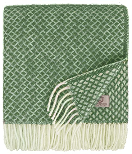 Linen & Cotton Sofia 100% Laine Douce de Nouvelle-Zélande Agave Vert - Couverture en Laine Douce de Qualite avec Franges - 130 x 170 cm