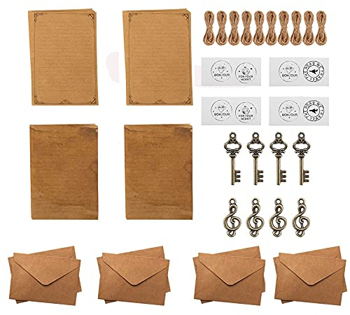 Briefpapier und Umschläge Set, Vintage Briefpapier Set, Vintage Umschläge, Vintage Briefpapier und Umschläge, 16 Blatt Briefpapier, 8 Kraft Umschläge, 8 Metallzubehör, 8 Hanfseil, 8 Siegelaufkleber