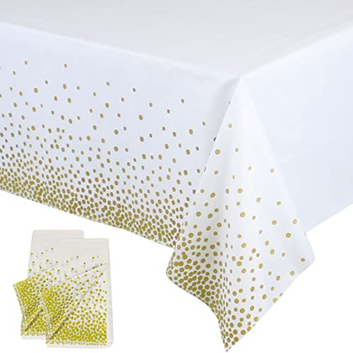 Confezione da 2 tovaglie in plastica usa e getta bianche e dorate da 137 cm x 274 cm, tovaglie rettangolari per picnic, feste prenatali, matrimoni, Natale, feste di compleanno