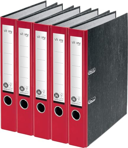 VON Leitz 10541025 10541025 - Confezione da 5 cartelle A4, 100% cartone riciclato, larghezza dorso 50 mm, per 350 fogli, marmorizzate, certificate Blue Angel e FSC, per scuola, studio e casa, rosso,