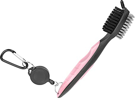 Akozon Club Bürste, Nylon & Stahl Multifunktionale Golfschläger-Reinigungsbürste mit Nylon-Stahl-Doppelborsten-Reinigungswerkzeug (Rosa) Bürste Karabinerhaken,