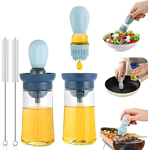 SAMSYOKI 2pcs 180ml Botella de aceite con cepillo de silicona, 2 en 1 botella dispensadora de aceite con brocha botella de aceite de cristal para cocinar/hornear/BBQ/repostería (azul) | 2 en 1 botella de aceite con cepillo de silicona dispensador de aceite de vidrio para hornear ensalada barbacoa pastelería