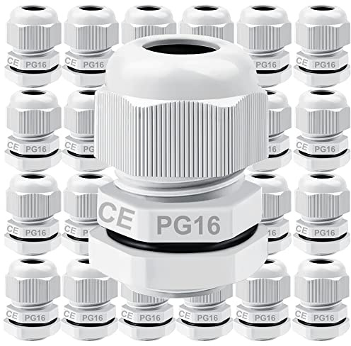 GUUZI 26st PG16 Kabelgenomföring, IP68 Vattentät Plast Justerbar 9-14 mm Kabelförskruvningar med Packningar (Vit)