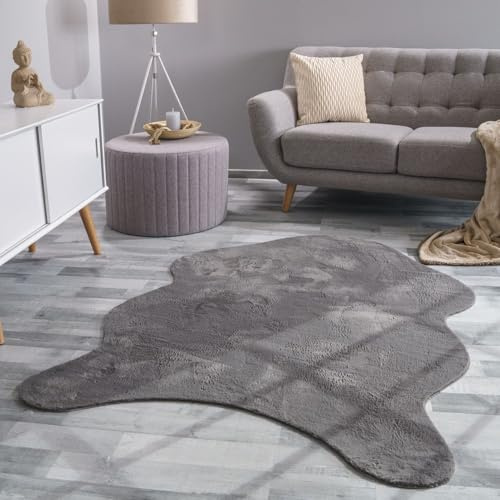 TT Home Wohnzimmer Teppich Unifarben Flauschig Modern Kunstfell Kurzflor, Farbe: Anthrazit, Größe:120x160 cm Fell-Form