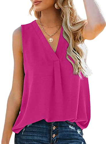 Aokosor Vest for Womens Summer Top Ladies V Neck Sleeveless Casual Chiffon Tank Hot Pink Size 18-20