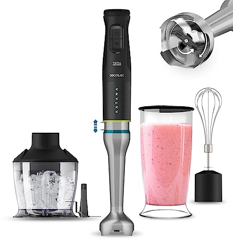 Cecotec Batidora de Mano Katana 15 TotalDestroy Chop B. 1500 W. Cuchillas dobles, 21 velocidades y Turbo, 4 hojas con Titanio Negro, Pie extralargo, Kit Accesorios