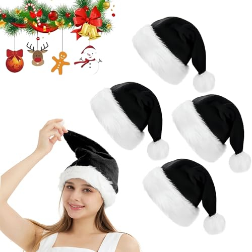 dancepandas Weihnachtsmütze, Set aus 4 Nikolaus Mützen Schwarze Weihnachtsmützen Erwachsene Weihnachtsmann Mütze aus Plüsch kuschelweich & Angenehm Für Erwachsene
