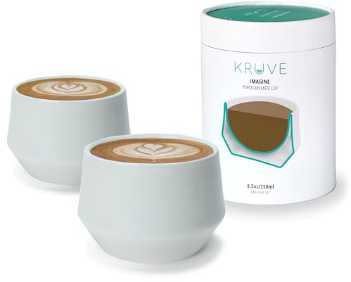KRUVE Imagine Porcelain Latte Coffee Cups, Double Walled Espresso Cups, Glass Cups Set of Two - 8.5oz Thermal Spherical Design for Latte Art, Insulated Coffee Mugs for Heat Retention (White)