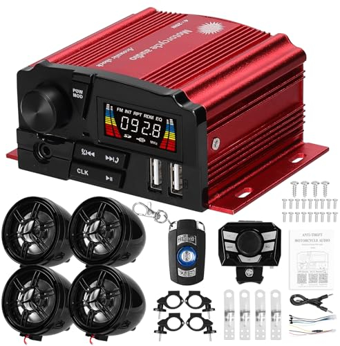 Shkalacar BT Lettore MP3 Sistema di Amplificatore Audio, Altoparlante Antifurto per Moto Stereo a 4 Canali con Display LCD 4 Altoparlanti 3 Pollici USB/Scheda TF/Riproduzione AUX Carica USB 12 V ATV