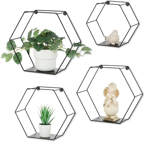 Walasis Wandregal Hexagon Schwarz Metall Schweberegal: 4er Set Hängeregal Modern Wanddeko Aesthetic Wand Regal Schweberegal Pflanzenregal | Minimalistische Design, Platzsparende Dekoration Für Wohnzimmer, Schlafzimmer und Eingangsbereich Geeignet