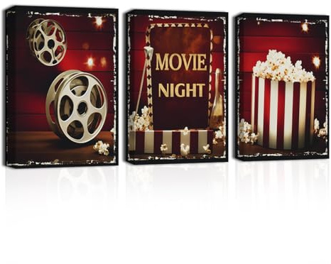 CXHOSTENT Movie Night Leinwand Wandbilder Filmrollen Popcorn Lampenlicht Kunstdrucke schwarze und rote Bilder für Medienraum Kino Raumdekoration (Movie, 30.00 x 40.00 cms x 3PCS)