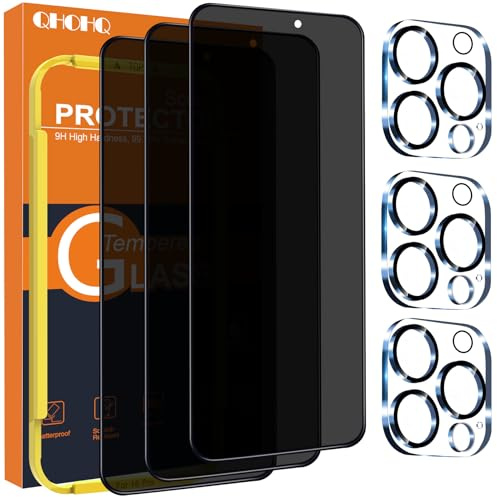 QHOHQ for iPhone 16 Pro Privacy Screen Protector + Camera Lens Protector, [Military Grade Shatterproof], Top 9H+ Anti Spy Glass, Full Edge Coverage, Ultra Durable, with Installation Tool [3+3 Pack]