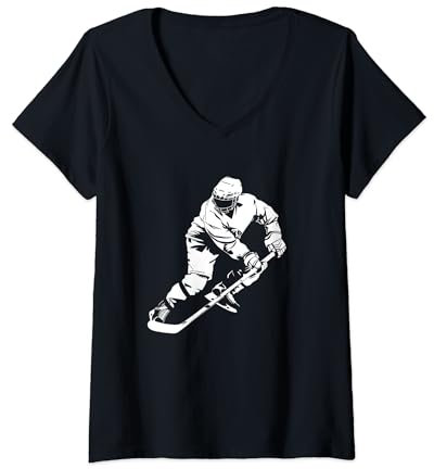 Damen Eishockeyspieler Zeichnung Eishockeymannschaft Eishockeyhelm T-Shirt mit V-Ausschnitt