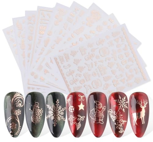 Nagelsticker Weihnachten, Glitzer 9 Blatt Nail Art Sticker, Nagelaufkleber Selbstklebend, Nageldesign Zubehör, Schneeflocke Urlaub Christmas Dekoration, Schneeflocke Rentier Nail Roségold