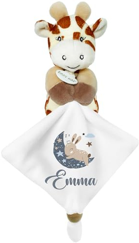 KDO MAGIC - Personalisiertes Schmusetuch - Personalisiert mit einem Namen - Anpassbares Geschenk für Kinder - Geschenkidee zur Geburt, Baby, Geburtstag, Taufe (Motiv: Blauen Mond, Giraffe)