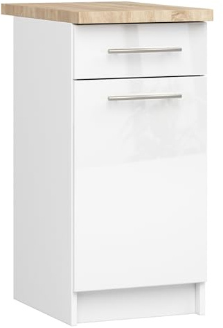 AKORD | Küchenschrank mit Arbeitsplatte - Oliwia S40 | Küchenunterschrank mit Tür, Schublade und 2 Einlegeböden | Unterschrank Küche 40 cm Breit | ABS 18 mm | 46 x 40 x 85 cm | Weiß & Weiß glänzend