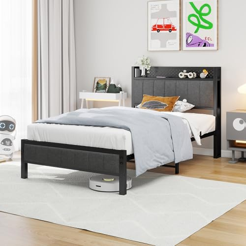 MOFLUT 3ft Single Bed Frame with Storage Headboard Shelf, Upholstered Bed Frame Single Bed with Heavy Duty Metal Slats Enhanced Support,No Box Spring Needed, Gray
